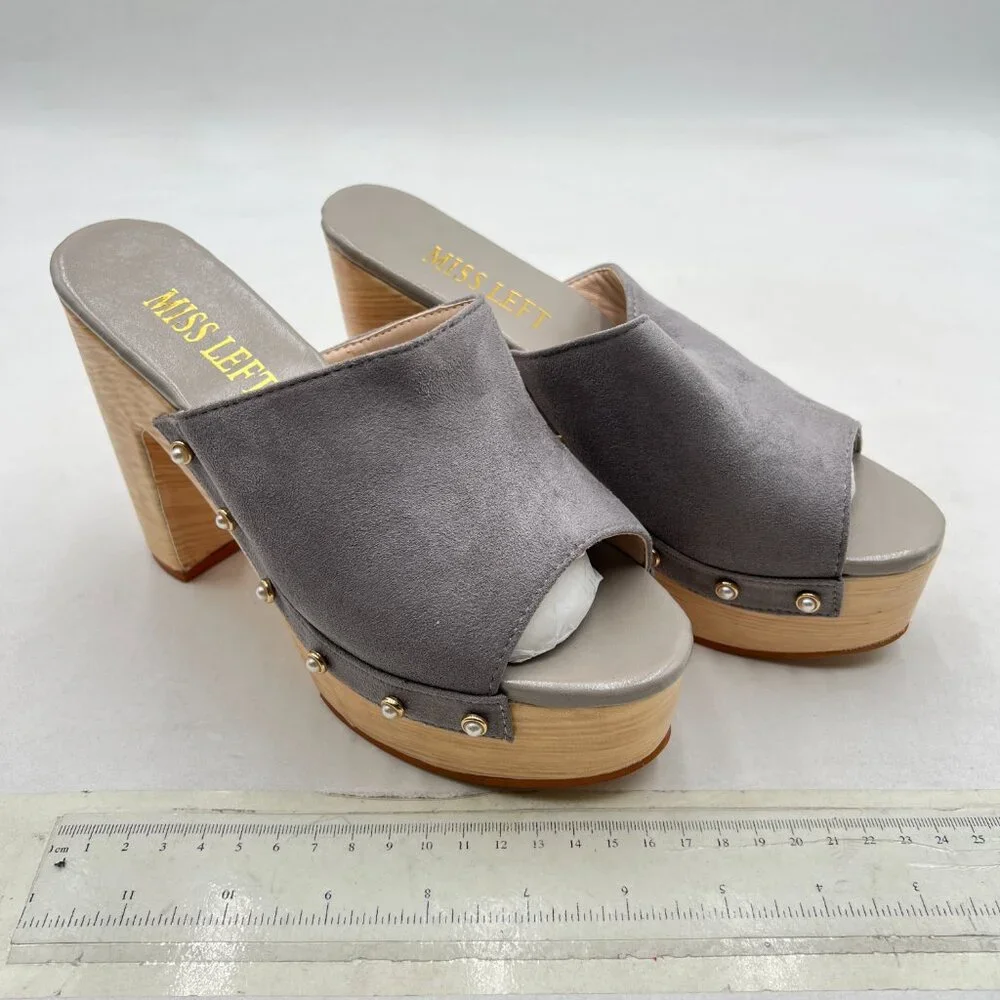 miss left Grey Platform Chunky High Heel Mules Open Toe Studded Slide Sandal